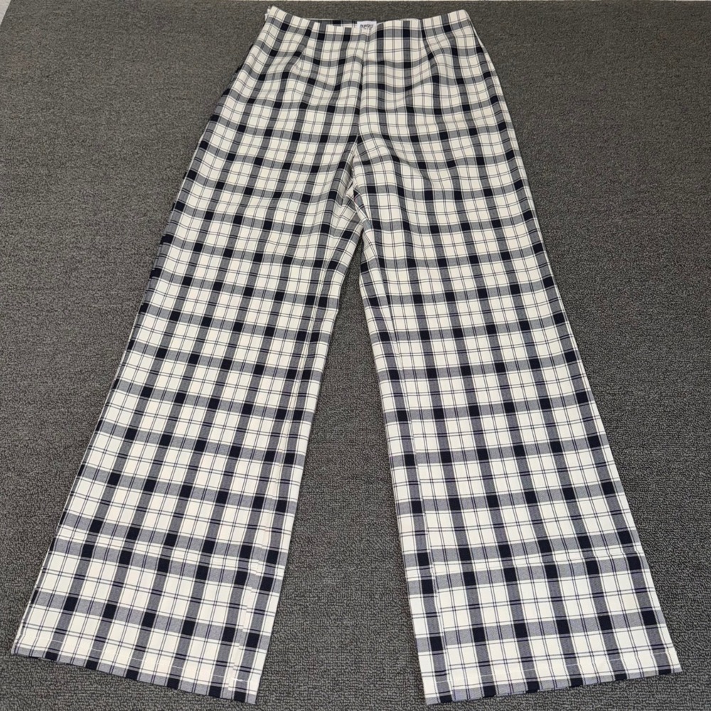 Princess Polly Black White Plaid Wide Leg High Waist Cotton Pants Size 4 Preppy